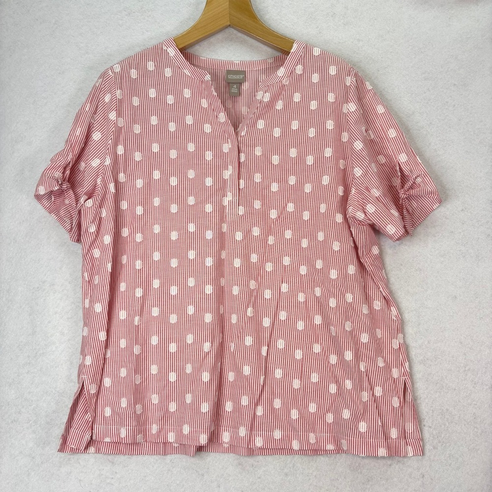 Chico's Red White Striped Polka Dot Blouse Sz XXL Coastal Preppy Summer Casual
